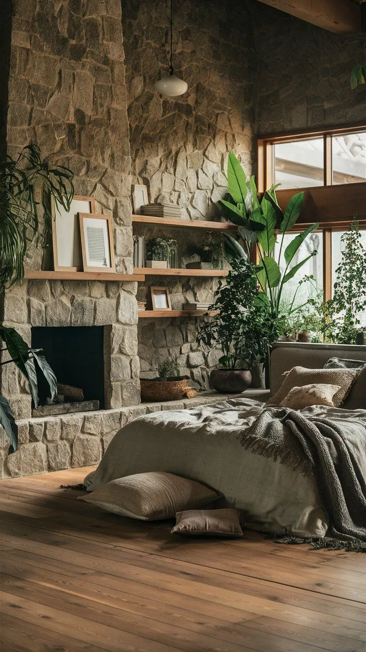 Bedroom decorated with stone accents, indoor plants, and wooden decor for a natural feel.