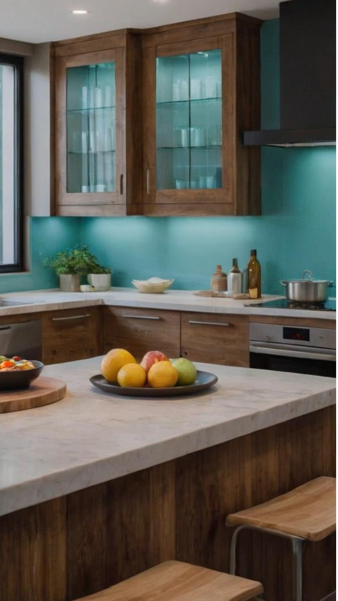 Modern kitchen with glass-front cabinets and shelves.
