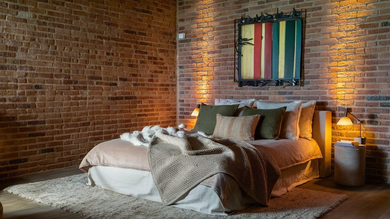 Industrial bedroom with exposed brick walls and minimalist decor.