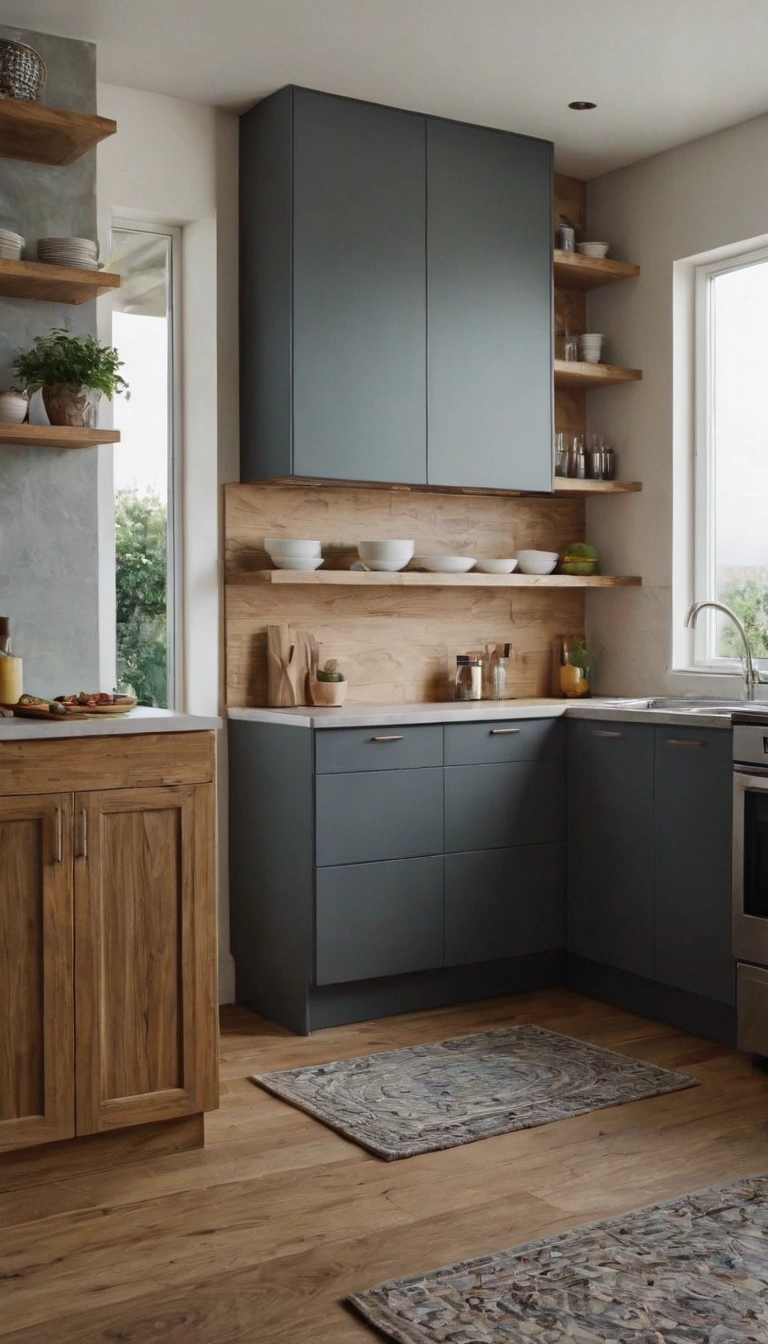  Small kitchen with tall cabinets maximizing vertical storage space.
