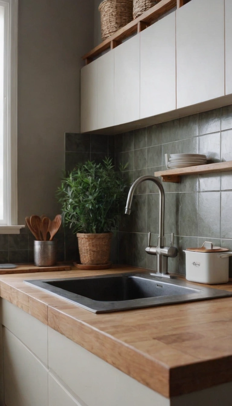 Minimalist kitchen with clear countertops and wall-mounted storage.