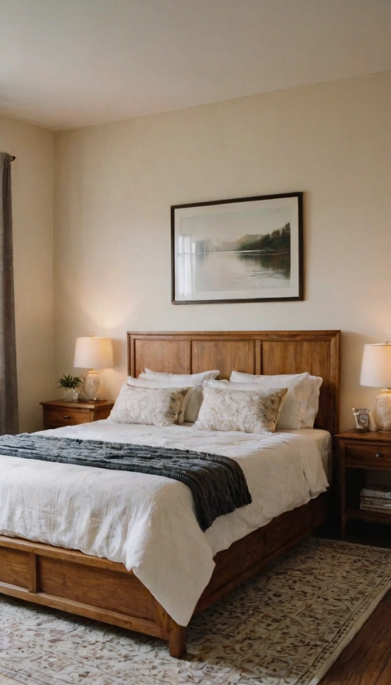 A bedroom with a vintage bed frame and modern bedding, blending old and new styles seamlessly.