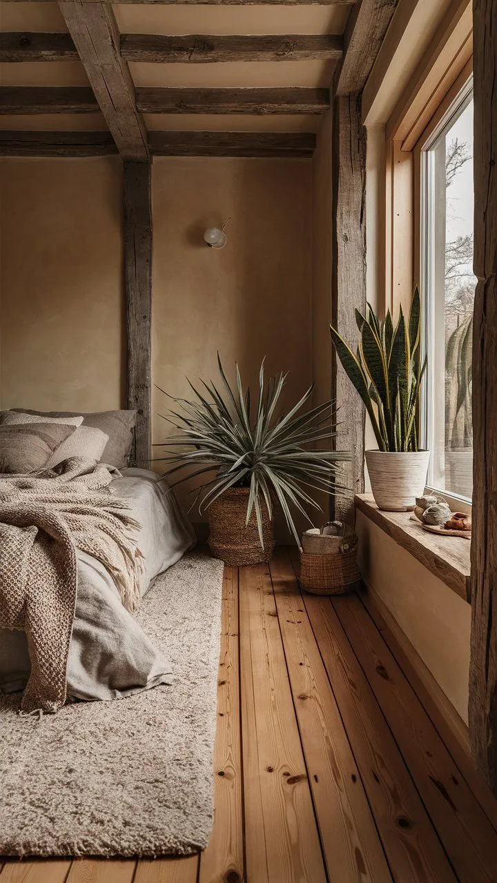 A Scandinavian bedroom with wooden floors, plants, and earthy decor elements