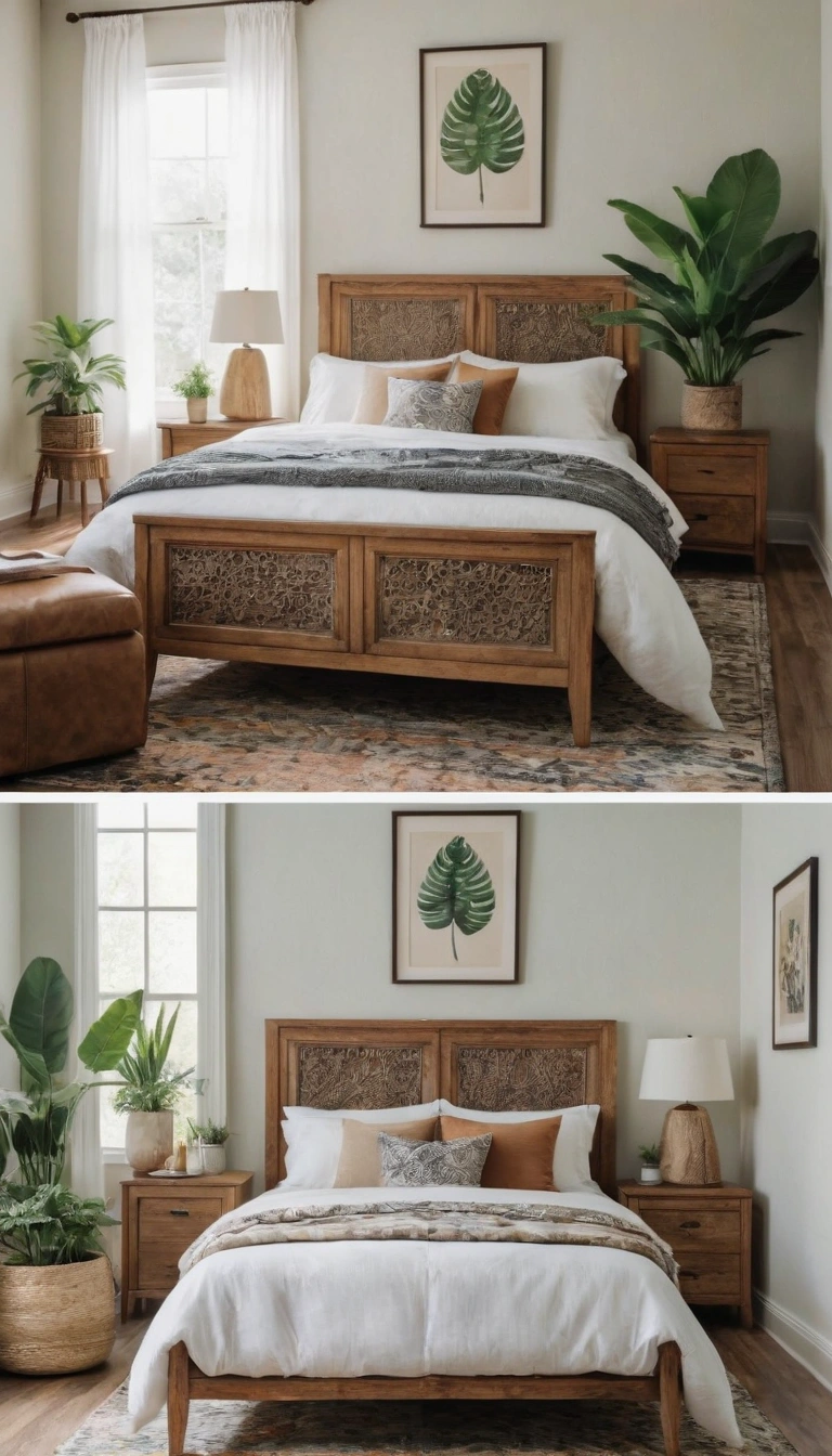 A nature-inspired eclectic bedroom with wooden furniture, botanical prints, and many plants. The decor mixes different styles for an eclectic feel.
