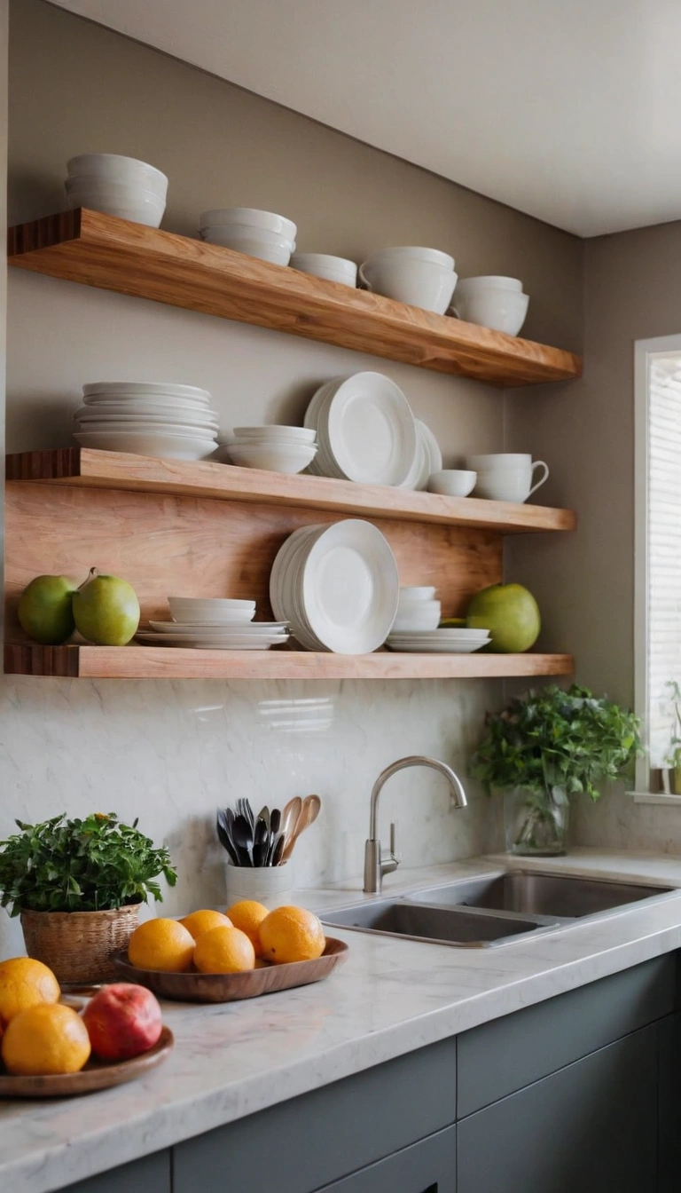 Small Modern Kitchen Layouts with open wooden shelves and organized dishes.