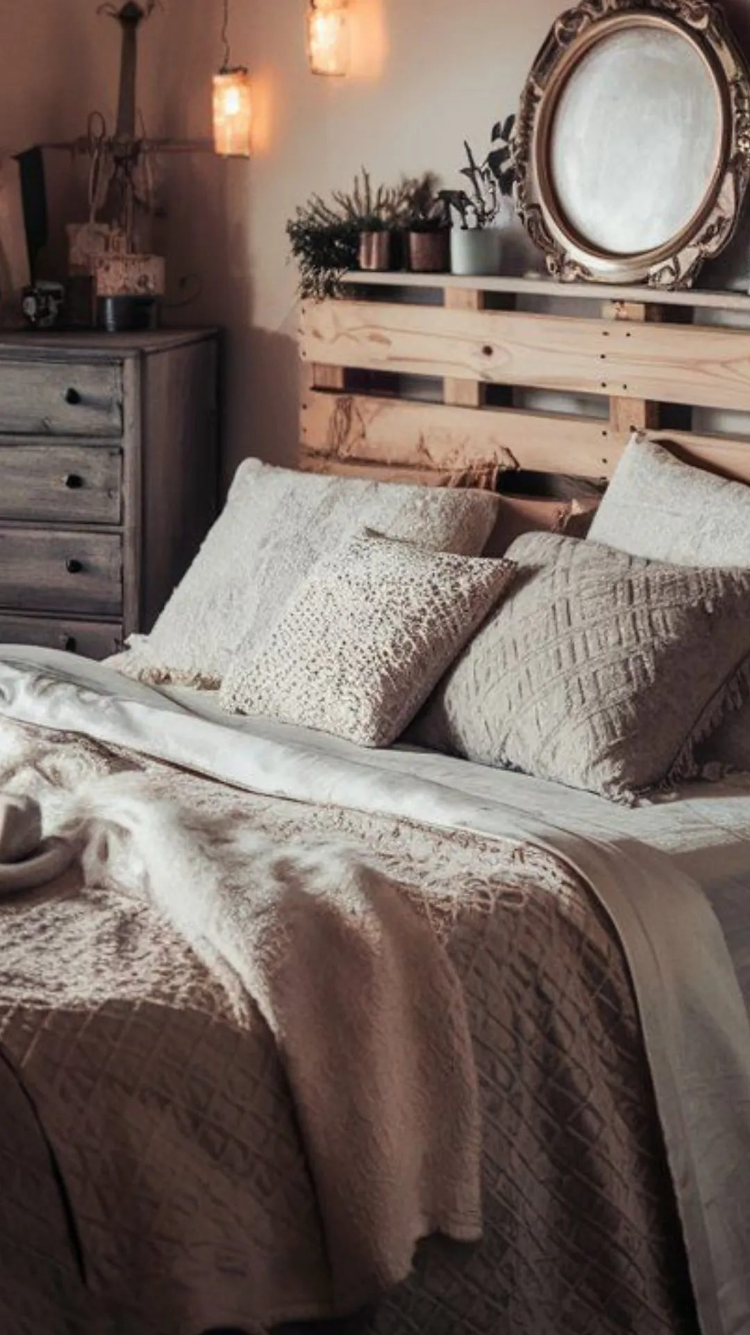 Rustic bedroom showcasing DIY projects like upcycled furniture, a pallet headboard, and mason jar lights.