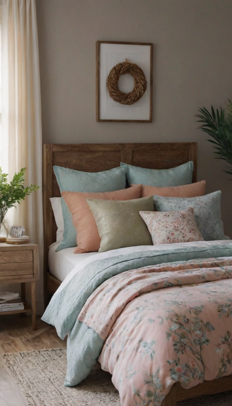 A bedroom transitioning through different seasons, showing spring with pastel bedding and floral accents, summer with light linens and beach-themed decor, autumn with warm colors and cozy textures, and winter with rich fabrics and festive elements.