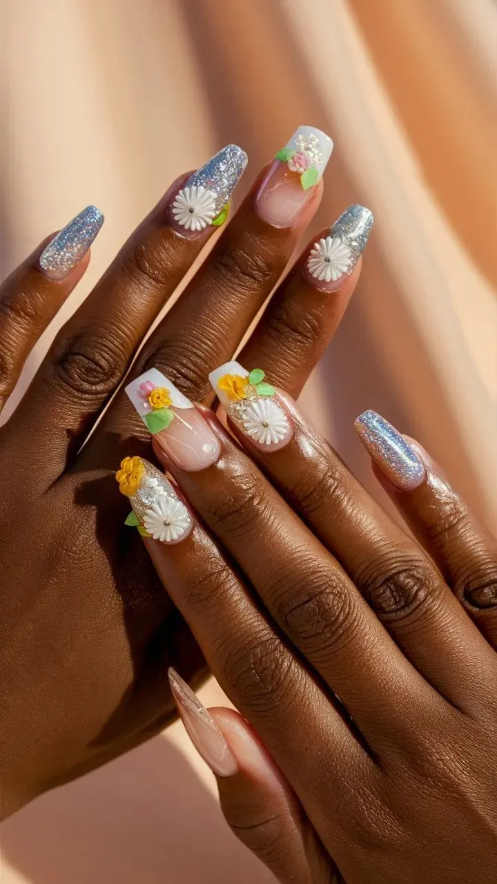 This photo shows hands with sparkling summer nails decorated with glitter and flowers, set against a brown background.