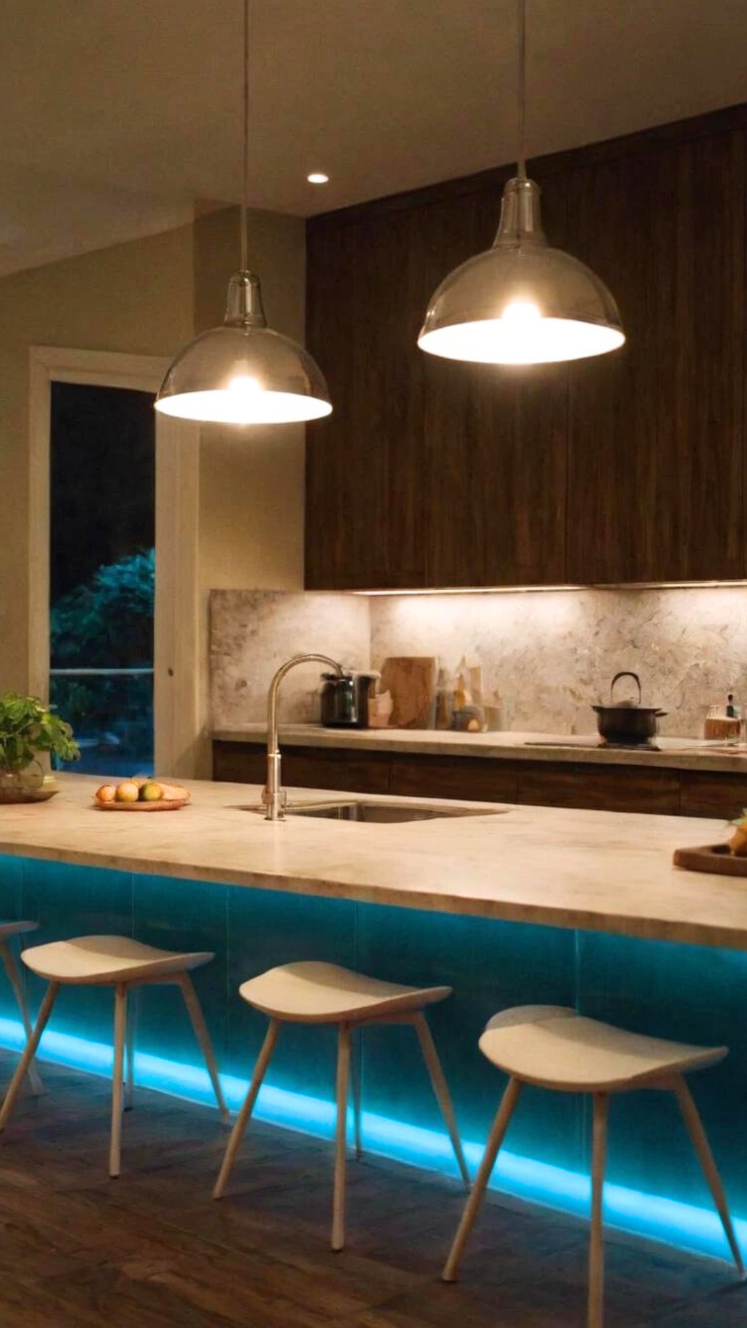 Kitchen with under-cabinet LED lighting and pendant lights.
