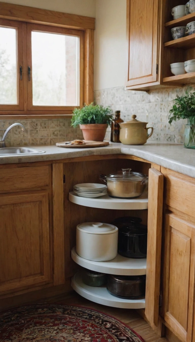 Kitchen corner with a lazy Susan in the cabinet for efficient storage.