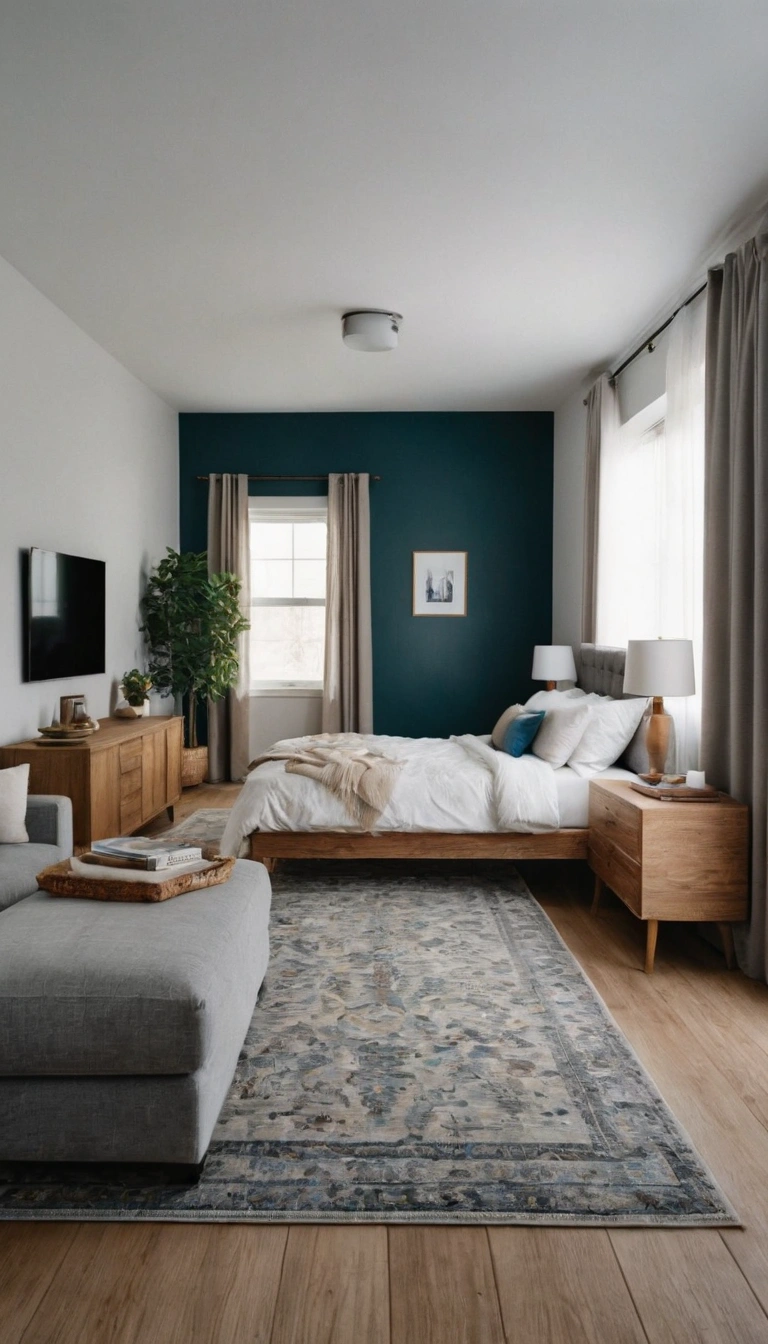 A minimalist eclectic bedroom with simple furniture, bold decor pieces, and a neutral color palette with pops of color. The room feels open and stylish.