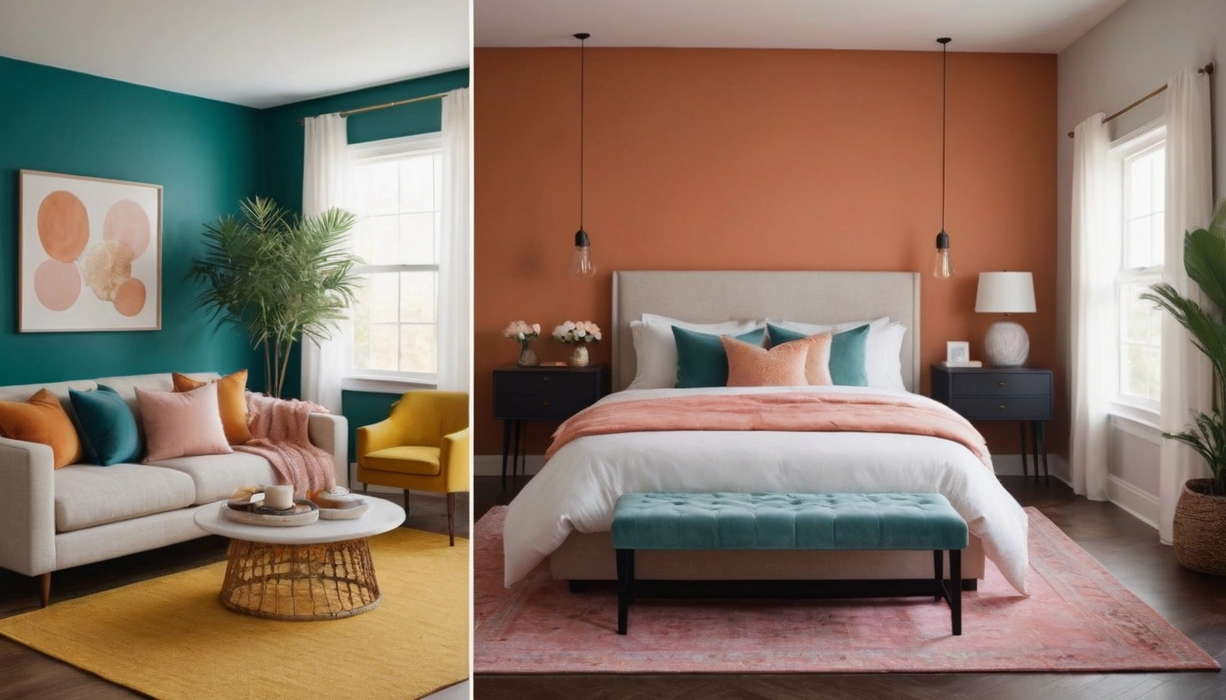 Split image of a vibrant living room with a teal accent wall, colorful pillows, and a mustard yellow chair on the left, and a cozy bedroom with a burnt orange accent wall, coral bedding, and teal accents on the right.