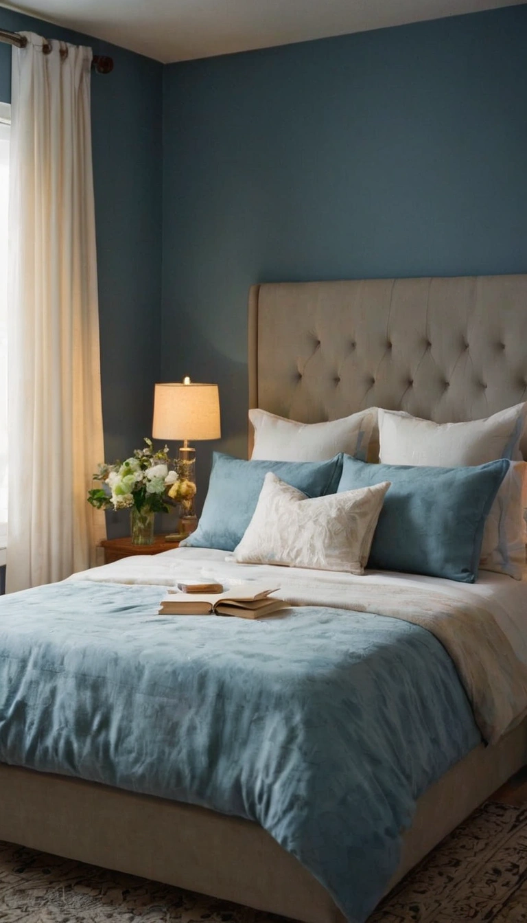 
A serene blue-gray bedroom with a plush duvet cover and matching pillows, softly lit by warm lighting. Curtains reveal a moonlit night sky. A bedside table holds a vase of flowers and books. Abstract art in muted tones adorns the walls, and a soft, neutral rug covers the floor, enhancing the cozy atmosphere.