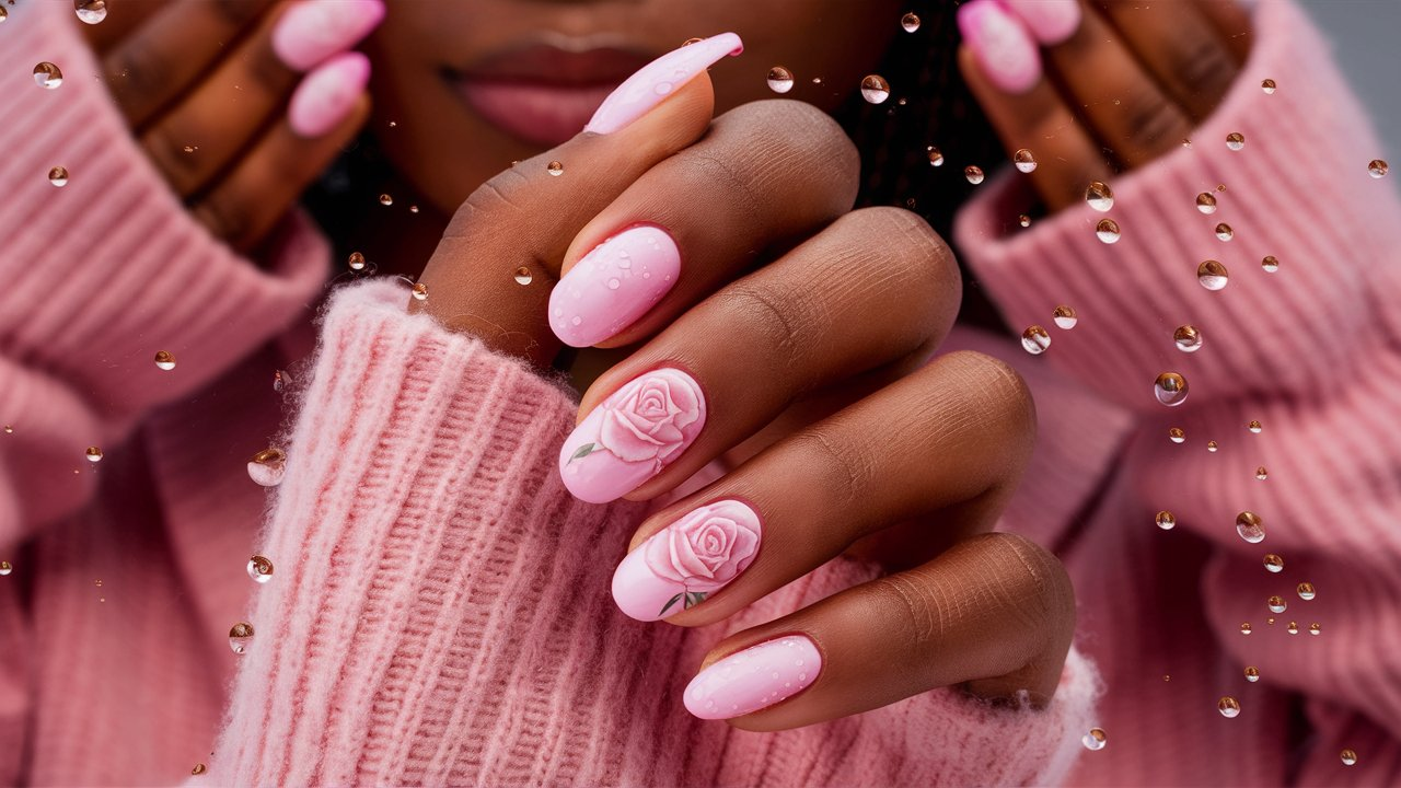 Pink nails with rose designs and water droplet effects for a fresh, dewy look.
