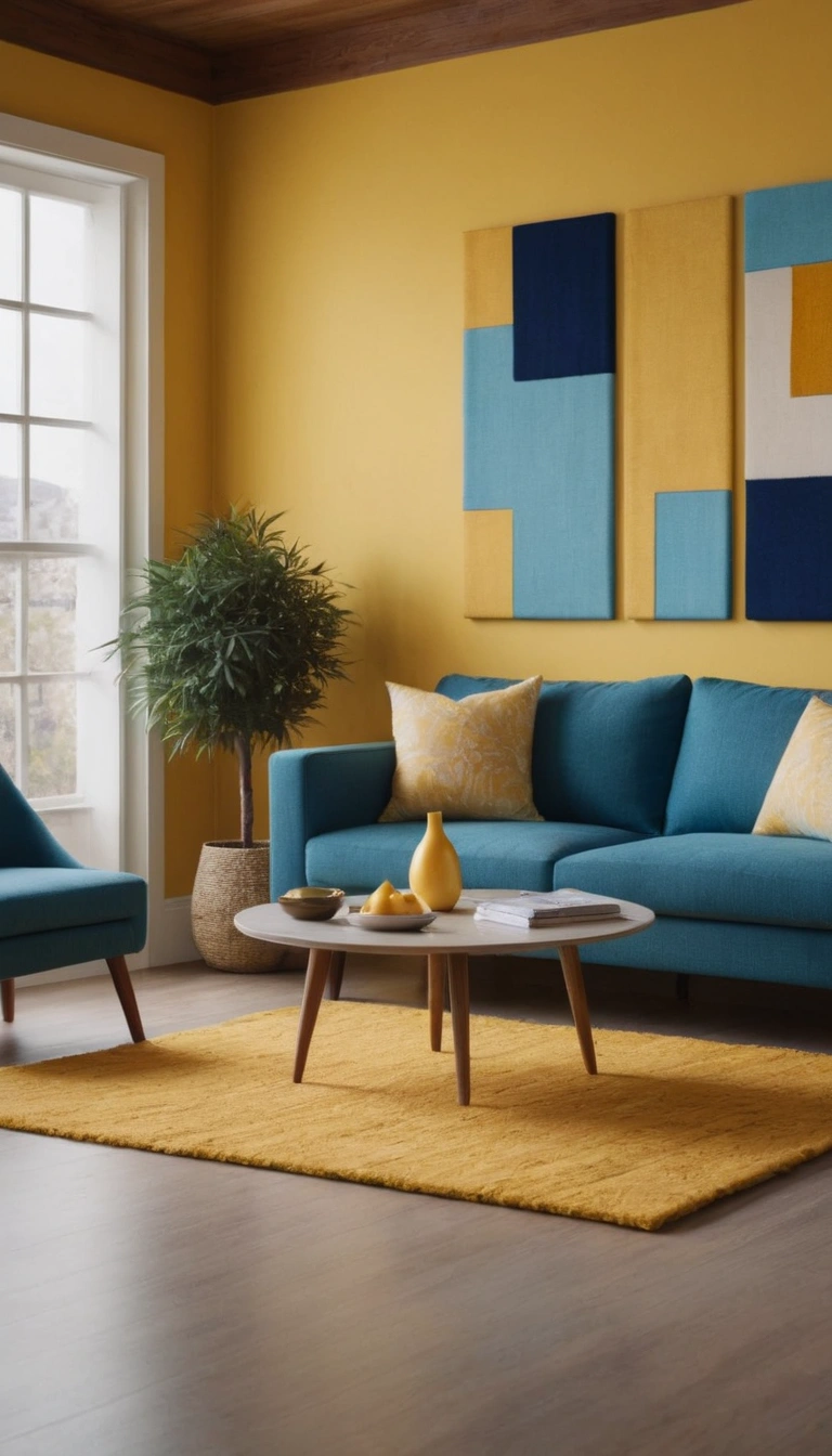 Living room with deep blue walls, yellow accents, and neutral furniture creating a vibrant and lively space.