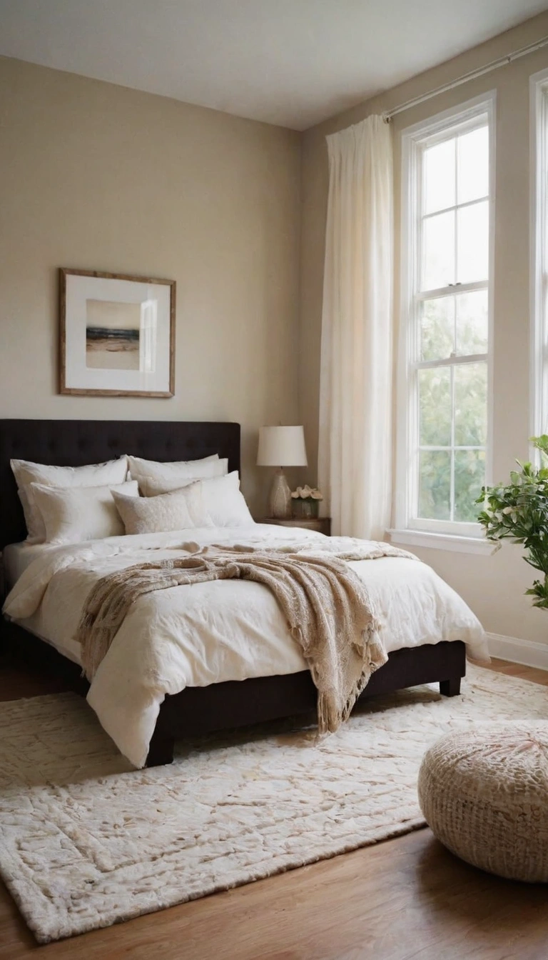 A classic white and off-white bedroom with a serene atmosphere. 