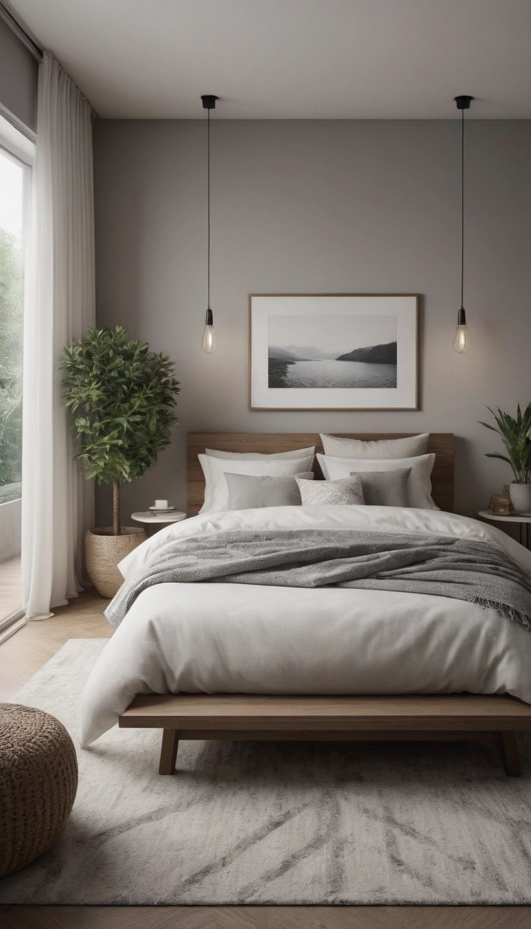 A serene modern bedroom in shades of gray and white, featuring sleek minimalistic furniture, soft ambient lighting, and natural elements like potted plants or a rock garden. Subtle textures and patterns add depth, creating a peaceful, calming atmosphere with elegant decor.