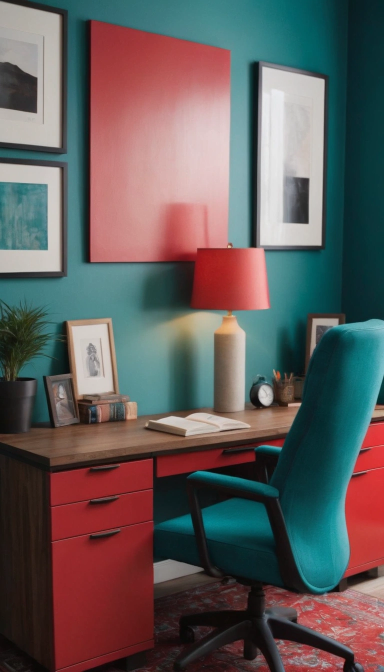 Modern study room with vibrant teal walls and dark hardwood floors, featuring a sleek red desk and matching red chair in the center. The desk is cluttered with books, papers, and electronics, suggesting a productive workspace. A teal area rug adds texture, while a red floor lamp provides focused lighting. Teal curtains on the window allow natural light to enter, creating an airy feel. The walls are decorated with framed inspirational quotes in white lettering on a teal background, enhancing the room's motivational atmosphere.