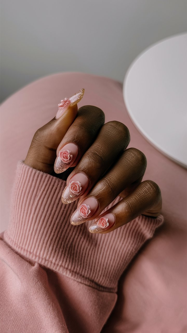 Pink nails with glitter at the tips and rose designs for a sparkling effect.
