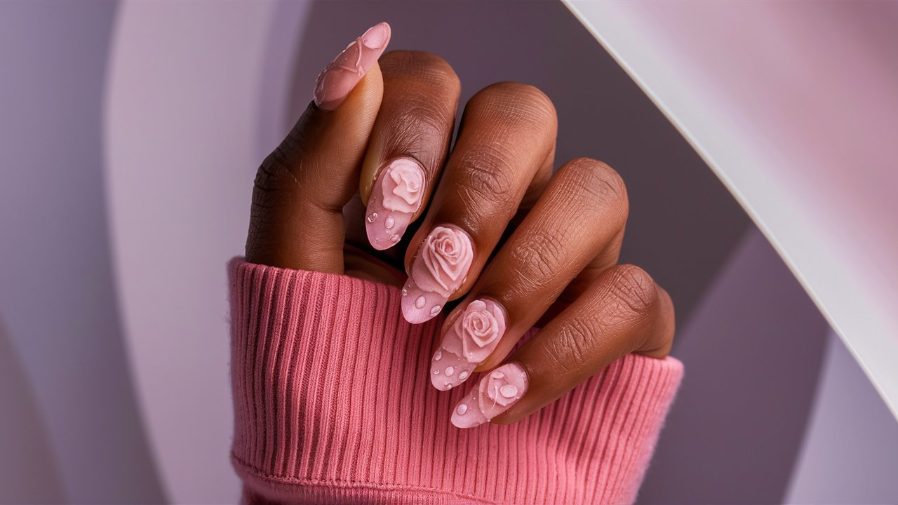 Gorgeous Pink Rose Nail Designs for Every Style 1 Pink nails with rose designs and water droplet effects for a fresh, dewy look.
