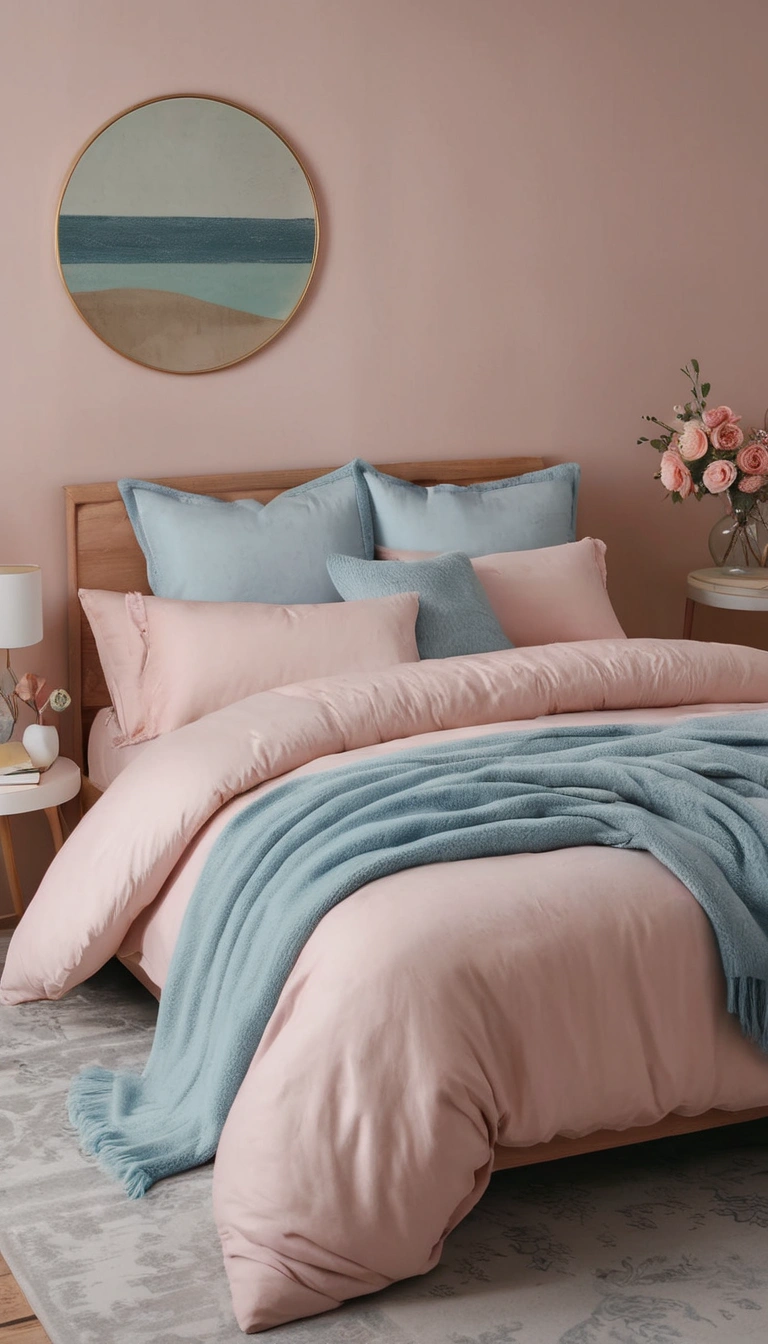 A serene and calming bedroom scene with pastel pink walls and touches of soft blue throughout. 