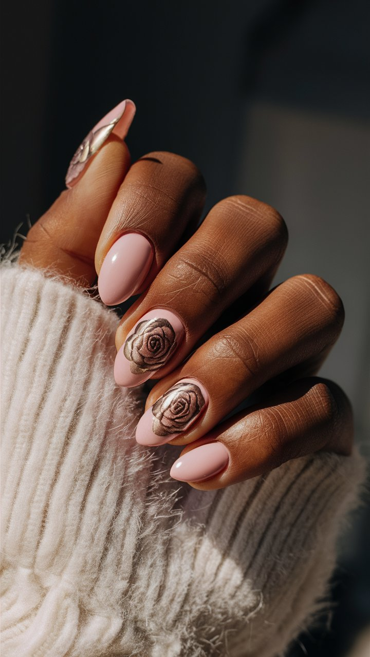 Pink nails with rose designs and metallic accents for a stylish touch.
