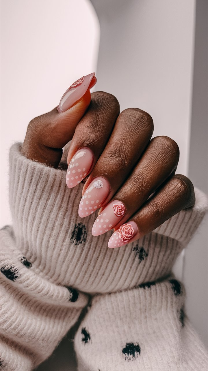 Pink nails with ombre dots and rose patterns for a stylish, gradient effect.
