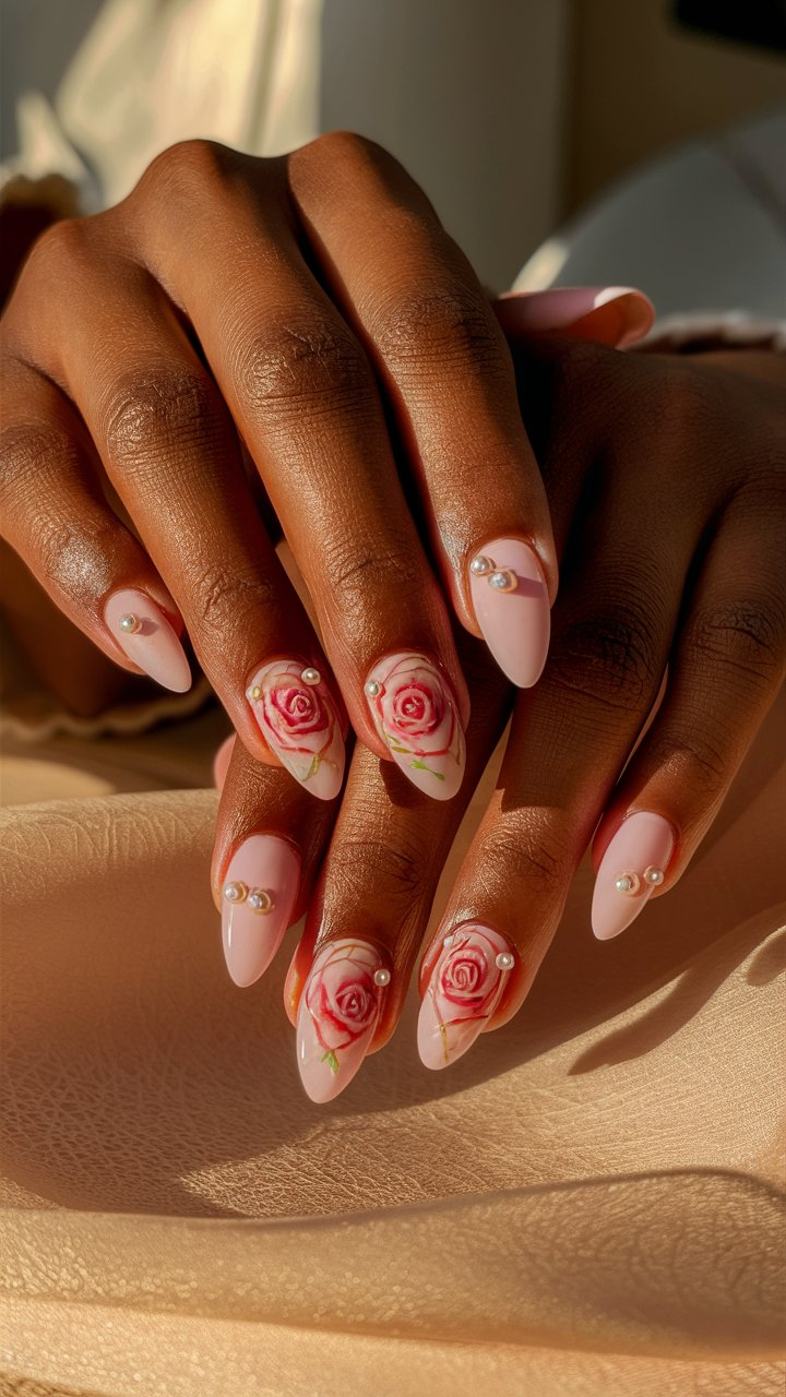 Pink nails with rose designs and pearl accents for a luxurious touch