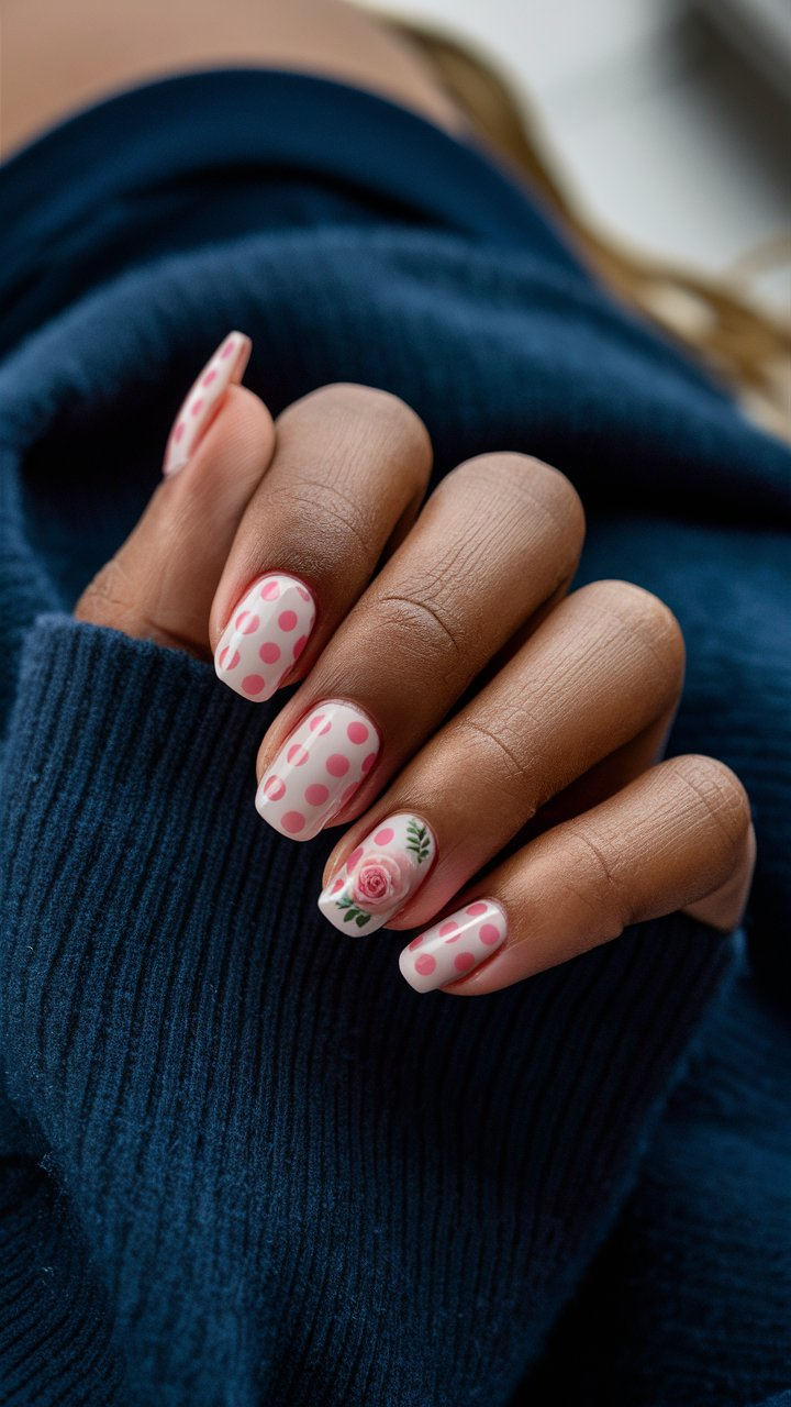  Pink nails decorated with playful polka dots and scattered rose designs.
