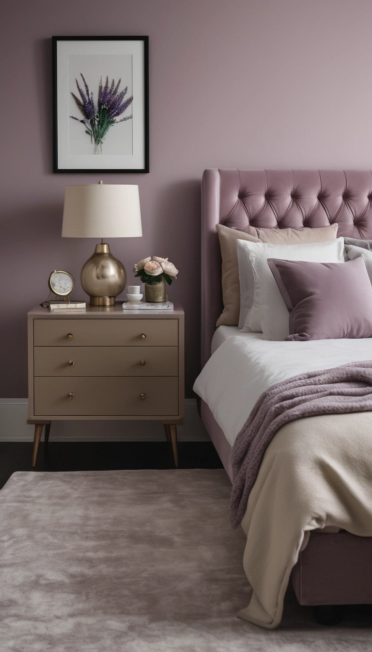 Sophisticated bedroom with soft lavender walls and warm taupe accents, featuring velvet textures and creamy whites, creating a luxurious and peaceful retreat.