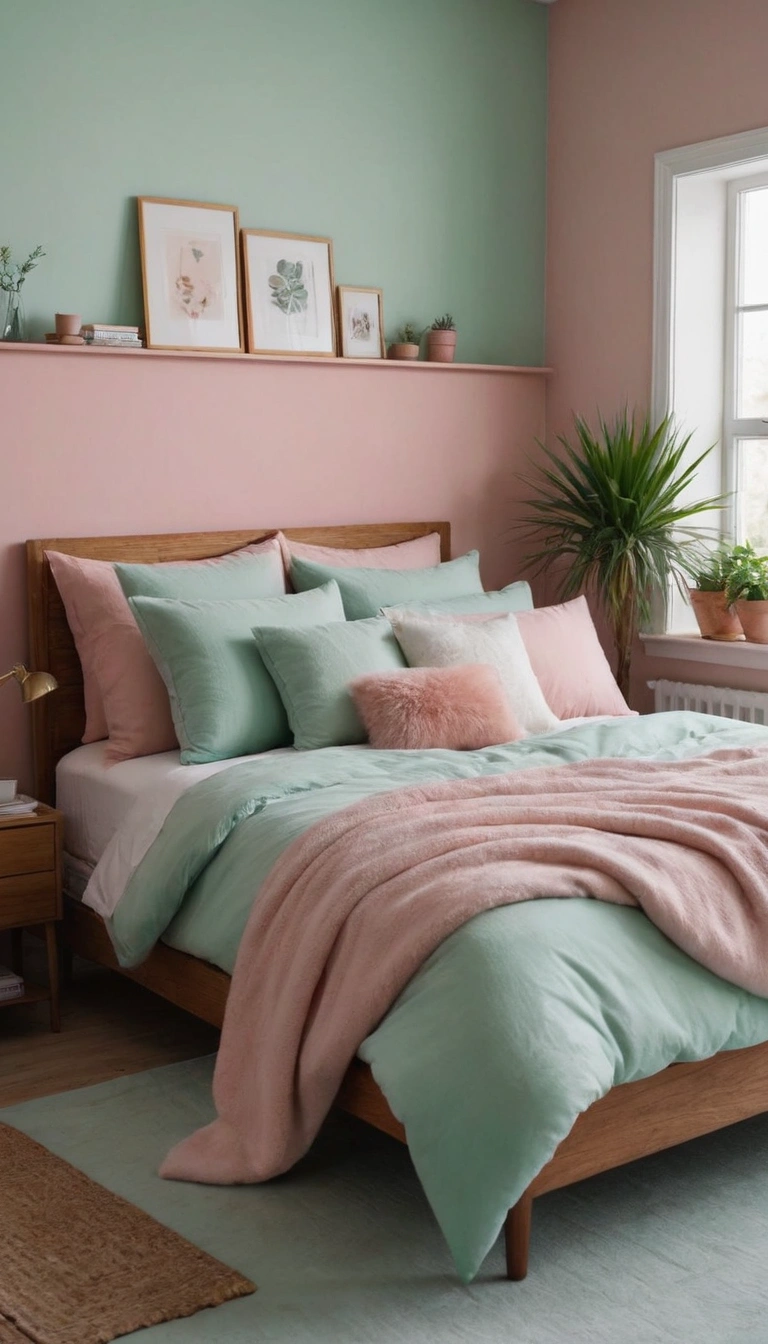 An airy and relaxing bedroom with soft pink walls and subtle mint green accents.