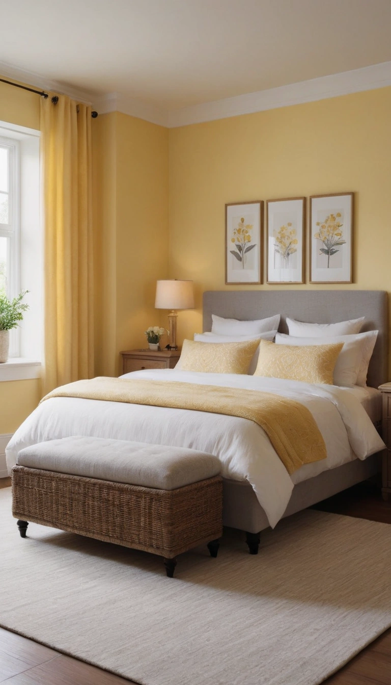 A cozy bedroom with soft yellow walls that exude warmth and comfort. 