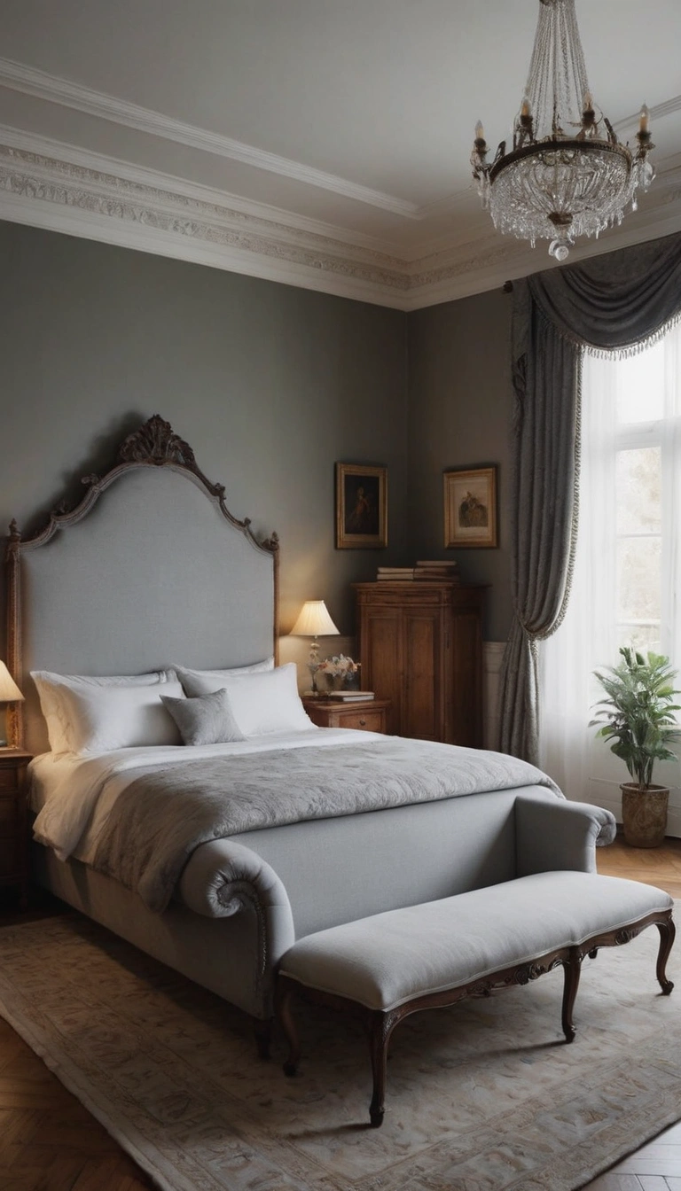 A sophisticated gray Victorian bedroom with ornate moldings, a four-poster bed with plush bedding, a geometric chaise lounge, and a tall window with gray curtains. The room features an intricate fireplace, antique furniture, and soft lighting from chandeliers and candelabras.