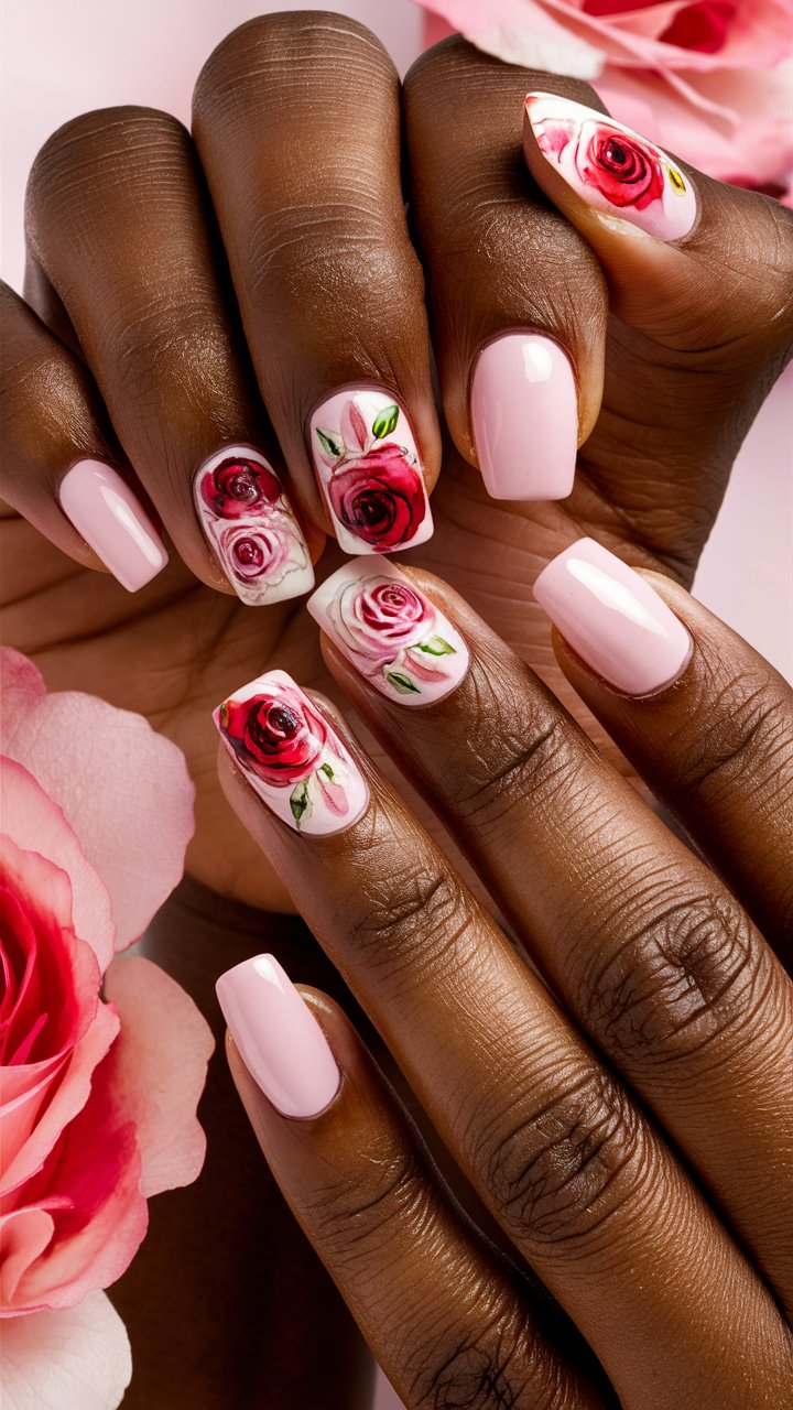 Pink nails with a gradient ombre effect and rose designs overlaid.
6. Watercolor Roses