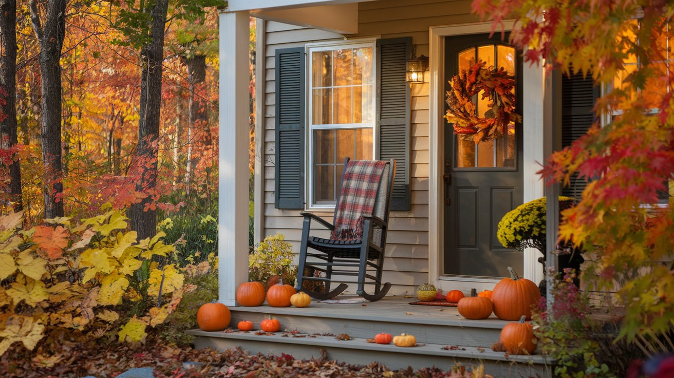 Cozy house with autumn decorations, including pumpkins, a leaf wreath, and a plaid-covered rocking chair on the porch, surrounded by vibrant fall trees with warm light glowing from the windows.