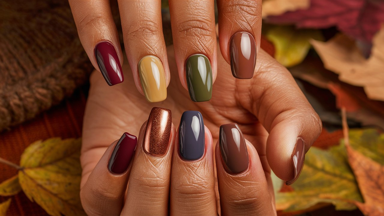 Hands showcasing rich fall nail colors with a mix of glossy, matte, and metallic finishes. The nails are set against an autumnal background featuring warm seasonal elements like fallen leaves and cozy textures such as scarves and knits, capturing the essence of fall.