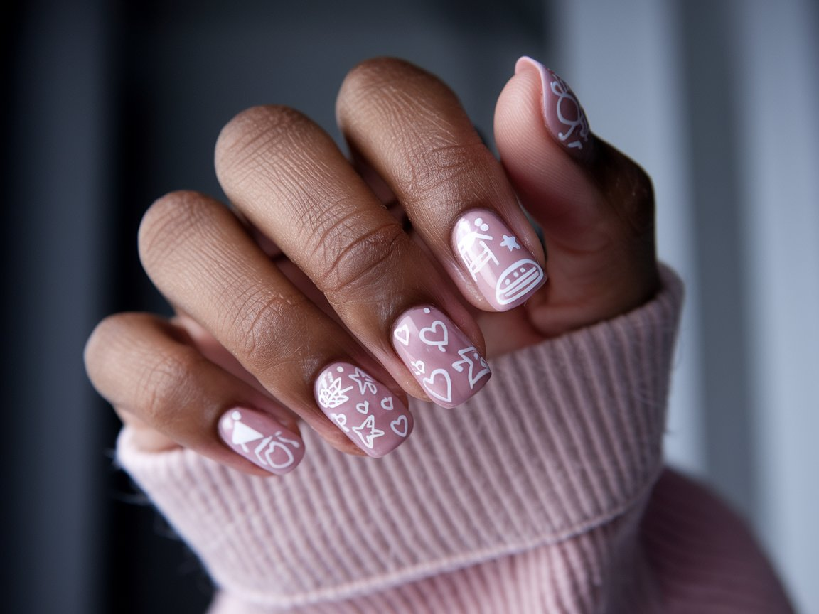 Stylish nails featuring sheer pink polish as the base and some patterns in white