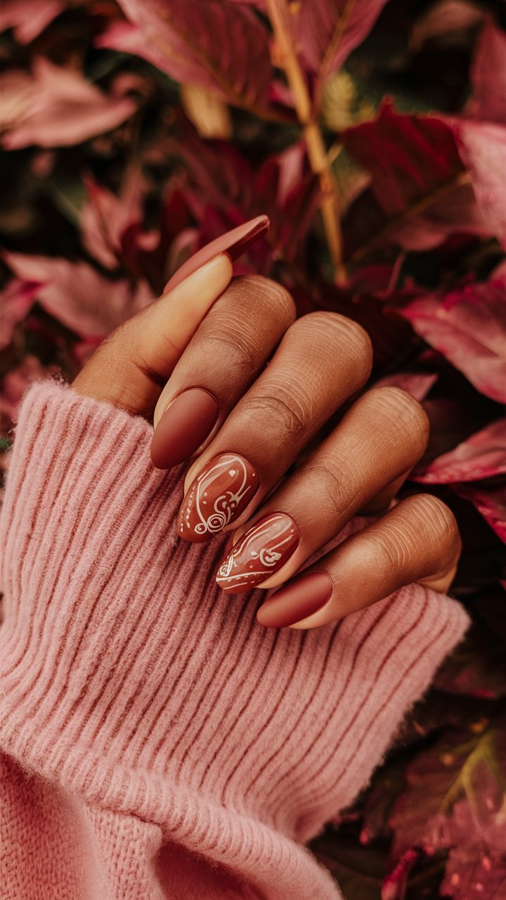 Matte burnt sienna nails, capturing rustic autumn charm.