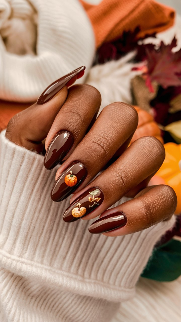 Glossy chocolate brown nails, perfect for a cozy fall evening.