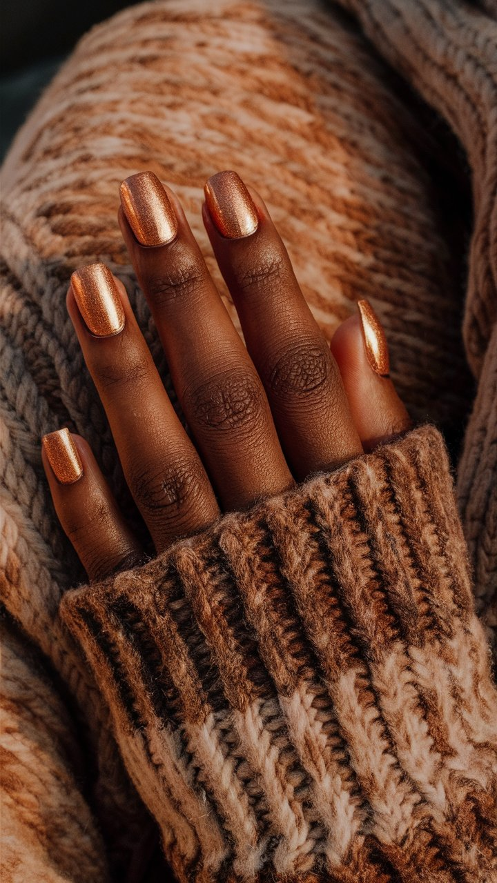 Shimmering copper nails, adding warmth and elegance to fall style.

