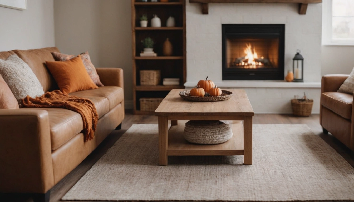 An image of a cozy fall-themed living room with warm colors, soft blankets, and a fireplace crackling in the background.