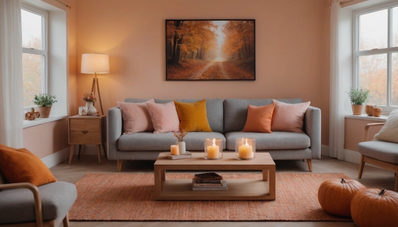 A warm and inviting living room with soft, golden lighting emanating from an array of candles and lanterns. 