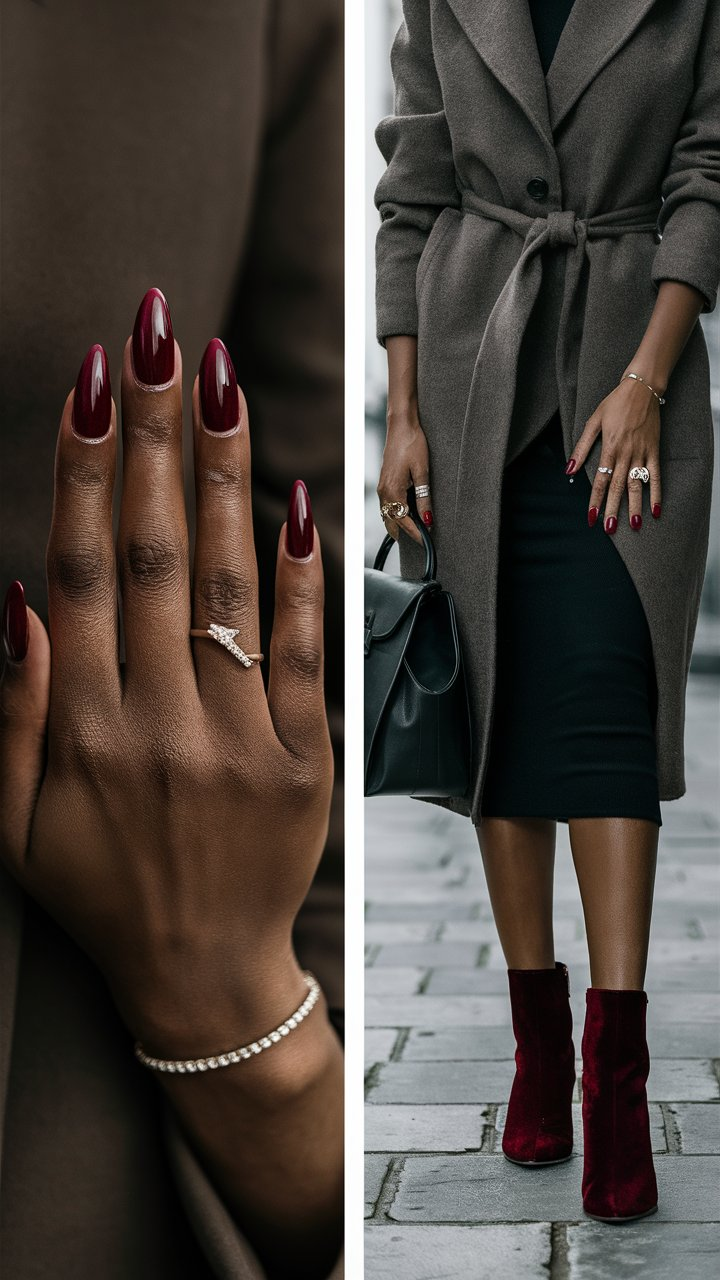 Glossy deep red nails, a timeless choice for fall.