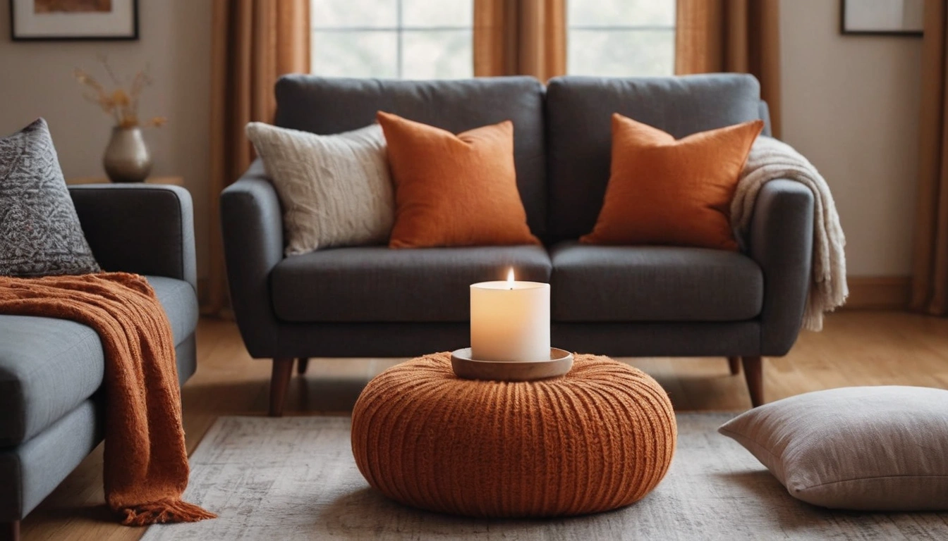 A cozy living room in warm fall tones, with an inviting orange and brown color scheme. 