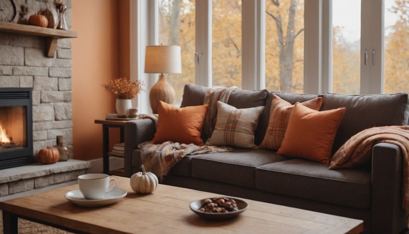 An image of a cozy fall living room with warm orange and brown tones with fire place.