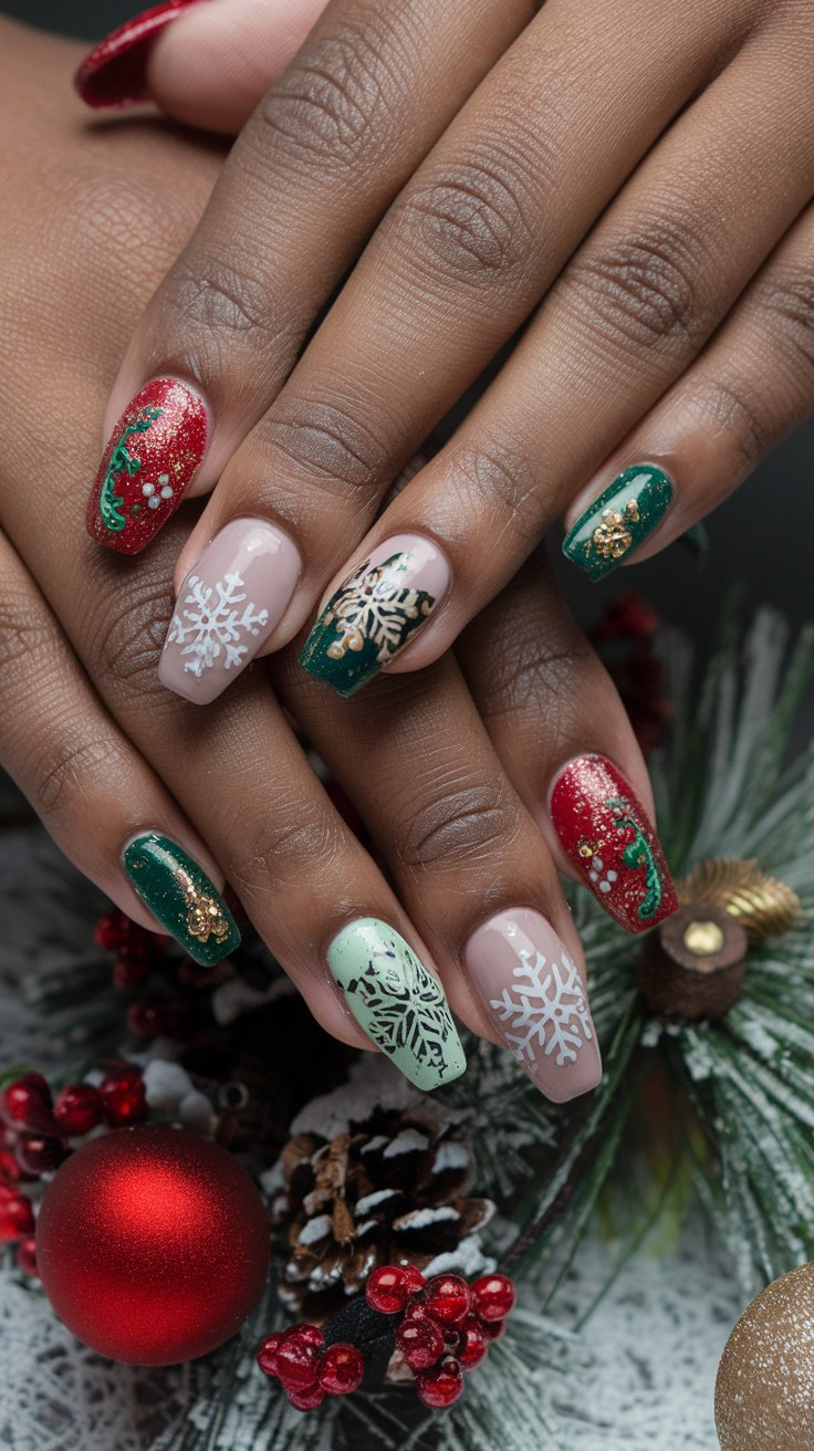 Collection of winter holiday nail designs with snowflake patterns, red and green colors, gold accents, and cozy sweater textures on various nail shapes, set against a festive background.