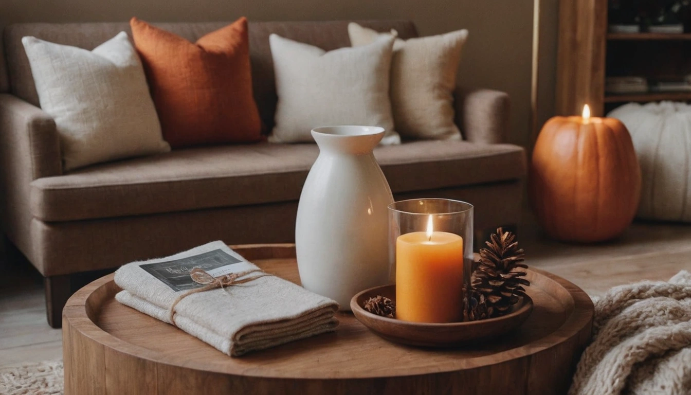 An autumn-inspired image featuring cozy home accents, such as plush throw blankets, knitted pillows, and soft rugs. 