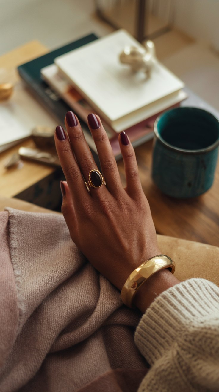 Glossy plum nails, offering a moody vibe for autumn.

