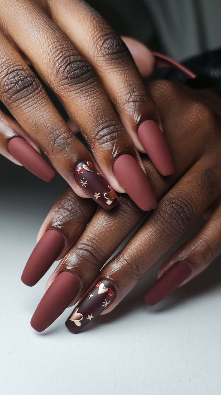 Matte rust-colored nails, capturing the warmth of autumn leaves.