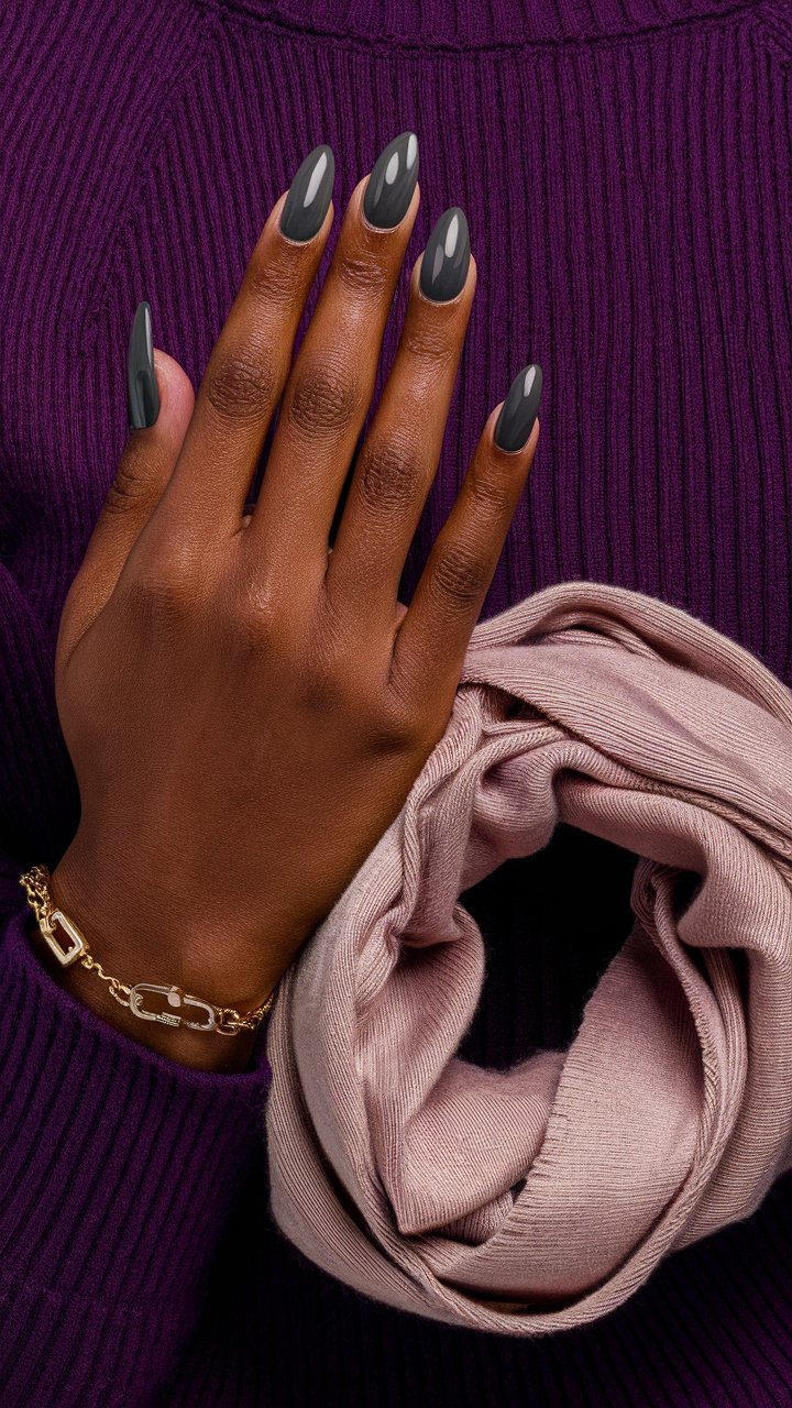 Glossy smoky gray nails, providing a cool contrast to fall’s warm palette.